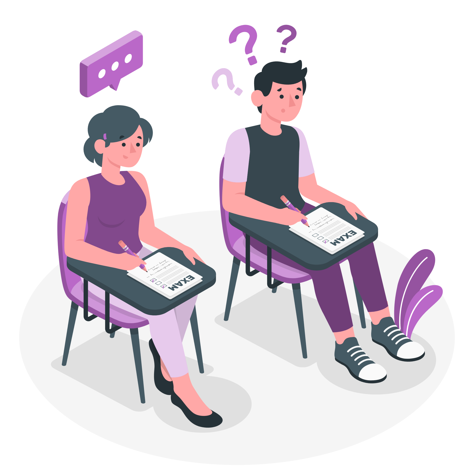 Illustration isométrique de deux étudiants en train de passer un test, avec des signes d'incertitude au-dessus de leurs têtes.