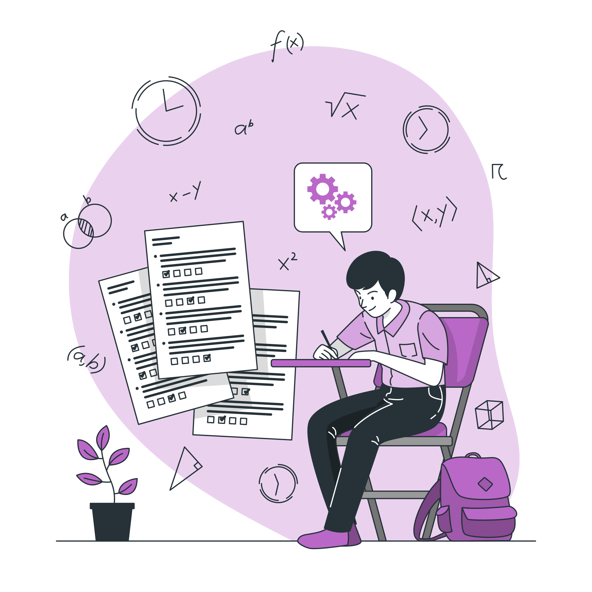 Illustration isométrique d'un étudiant en train d'étudier des équations et des problèmes mathématiques.