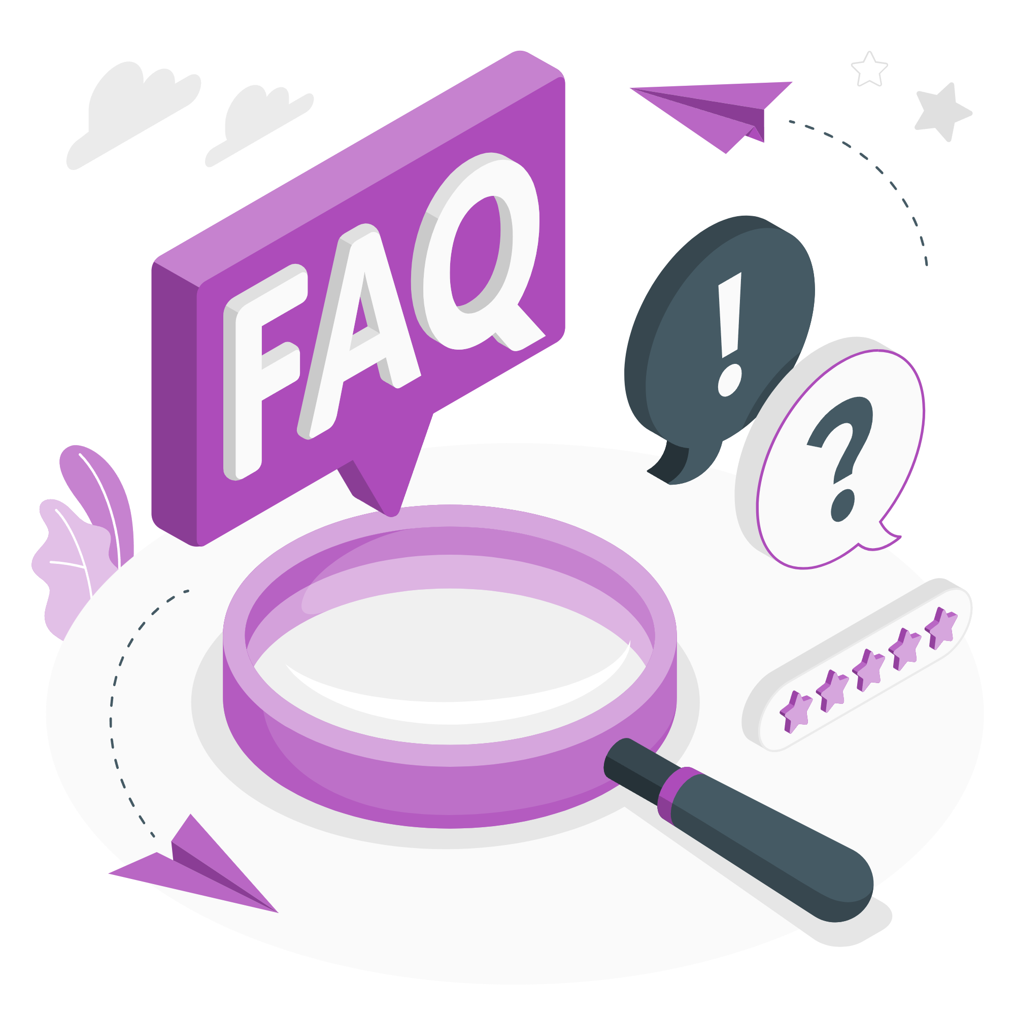 Illustration isométrique d'une loupe et de symboles représentant la FAQ, les questions, et l'aide.