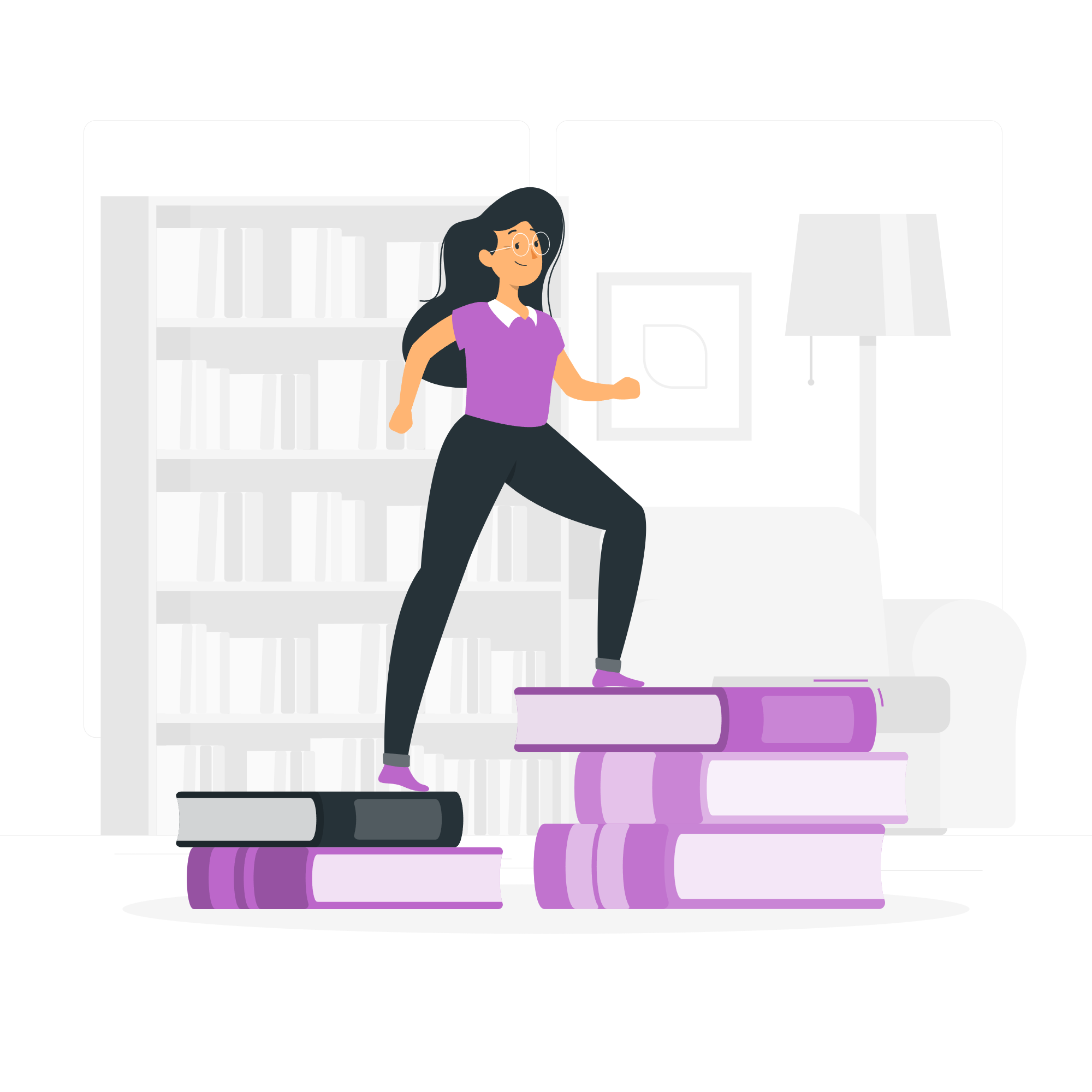 Illustration isométrique d'une personne montant des piles de livres, symbolisant l'apprentissage et la progression.