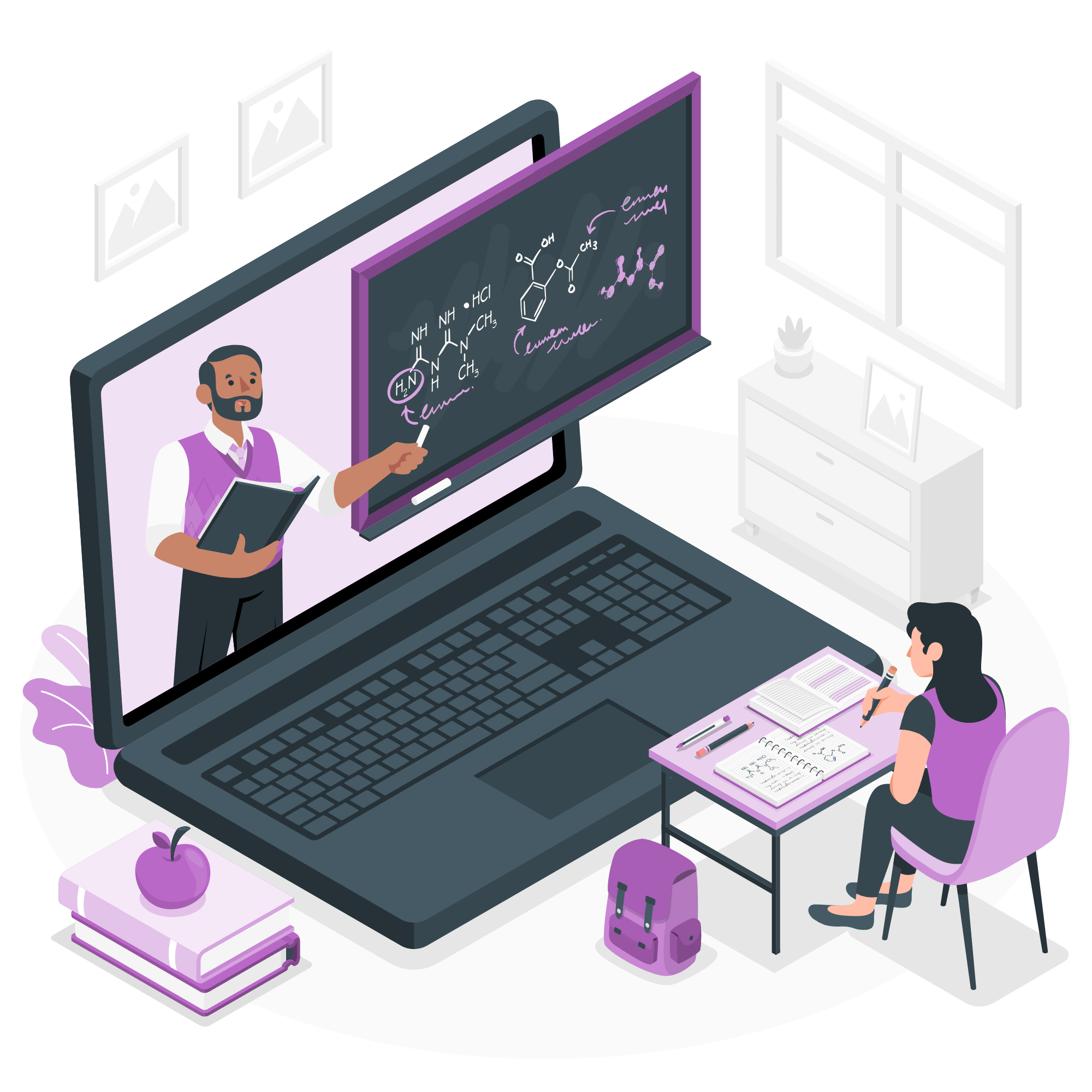 Illustration isométrique d'un étudiant suivant un cours en ligne avec un professeur affiché sur l'écran d'un ordinateur portable.