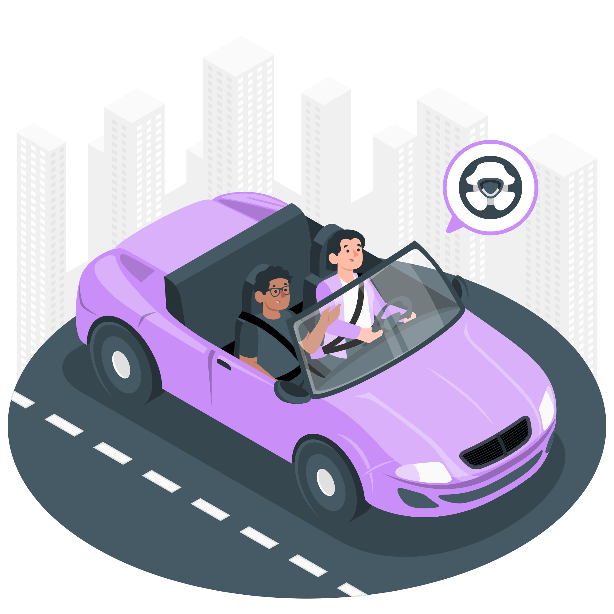 Illustration isométrique d'un conducteur et d'un passager dans une voiture décapotable, circulant sur une route en ville.