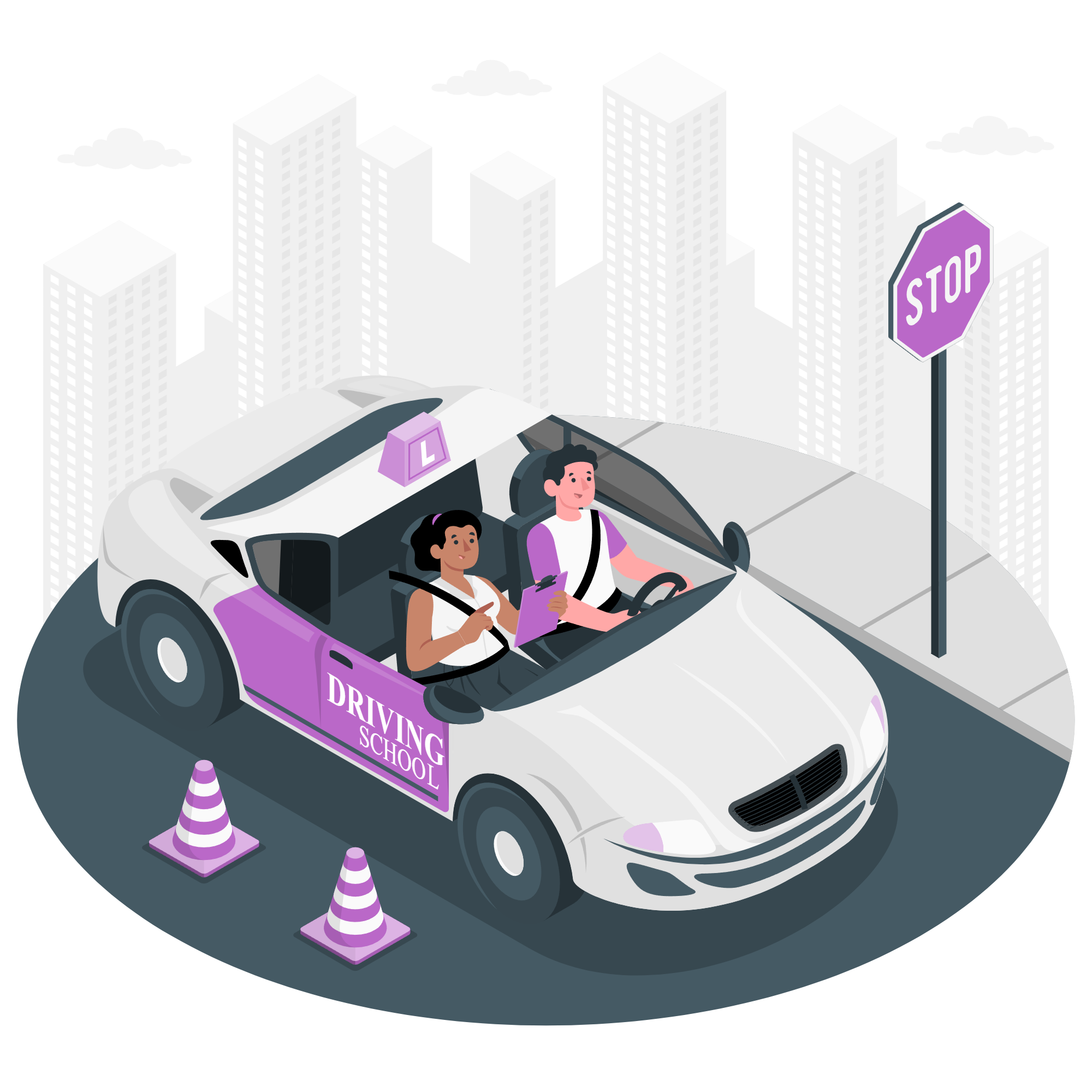 Illustration isométrique d'une voiture d'auto-école s'arrêtant devant un panneau stop, avec un conducteur et un élève.